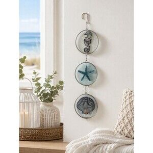 Nautical Coastal Hanging Decor Seahorse Starfish Shell Glass Wall Ornament Beach